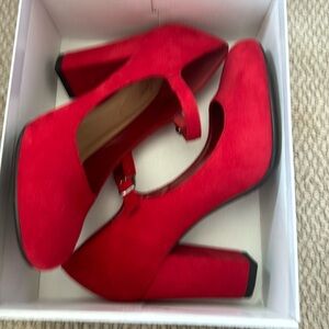 J.Adams red suede chunky heal pumps